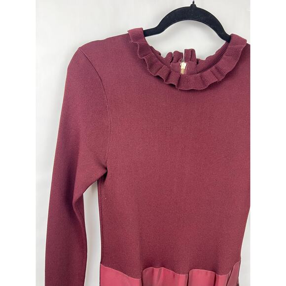Ted Baker Zadi Dress Burgundy Fit & Flare Satin Skirt Frill Cuff Ruffle Neck - Picture 4 of 15